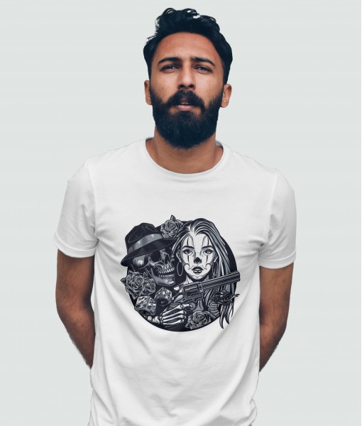 Мъжка тениска с щампа Готика Mafia skull and woman - TShirtArtShop.com